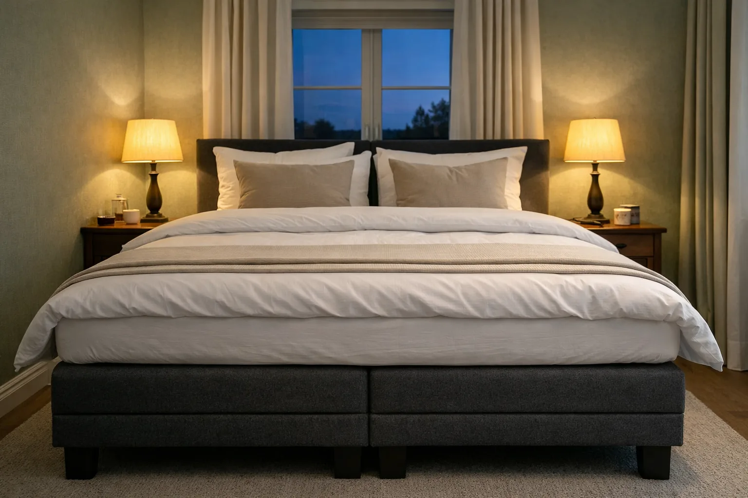 Hög kontinentalsäng med prydligt överlakan i ett hotellinspirerat rum.